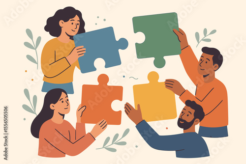 Teamwork Collaboration Concept. Diverse People Connecting Puzzle Pieces. Symbol of Partnership, Cooperation, Problem Solving, Unity, Support. Modern Flat Vector Illustration for Business Success