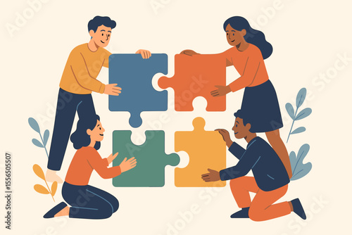 Business teamwork concept with diverse people connecting colorful puzzle pieces, symbolizing cooperation, partnership, collaboration, unity, and problem solving in modern flat vector illustration