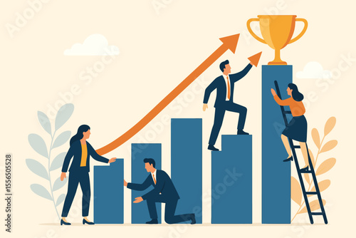 Business growth strategy, teamwork collaboration, revenue increase, success achievement, team support, leadership, planning, bar chart, upward arrow, trophy, business people working together