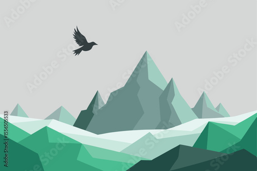 Mountains with a bird in the sky. Vector illustration in flat style