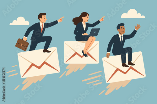 Business professionals riding flying email envelopes, concept of email marketing, digital communication, newsletter promotion, business teamwork, online advertising, cartoon vector illustration