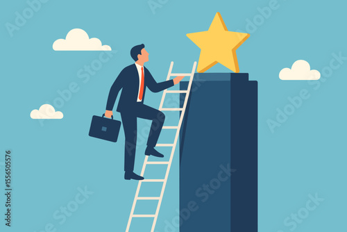 Businessman Climbing Ladder to Success, Achieving Career Goals, Reaching Star Reward, Motivation, Ambition, Leadership, Personal Growth, Corporate Achievement, Professional Development Concept
