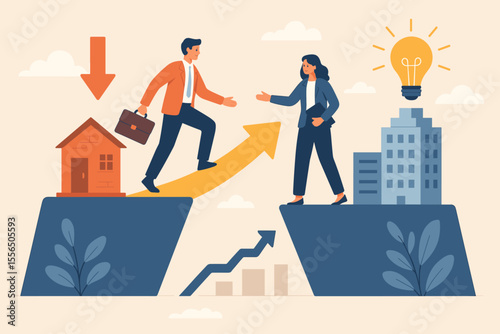 Business transformation, change management, career transition, innovation, adaptation to new normal, growth strategy, teamwork, leadership, success, modern flat vector illustration