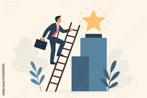 Business success achievement motivation concept. Businessman climbing ladder to reach star reward. Career growth, goal realization, leadership, ambition, personal development, corporate success vector