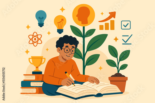 Personal growth and self-improvement through continuous learning. Child studying with books, plants, light bulbs, trophy, science, achievement, knowledge, education, development, success concept