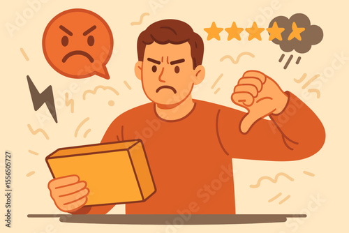 Unhappy customer giving negative review, low rating, thumbs down, angry feedback, poor product experience, dissatisfaction, complaint, bad service impact, business reputation, vector illustration
