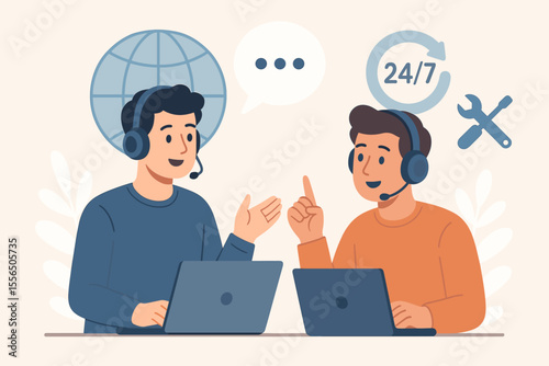 24/7 Customer Service Support Hotline. Online Technical Assistance. Call Center Operator Advising Client. Global Communication. Help Desk. Laptop Conversation. Flat Vector Illustration