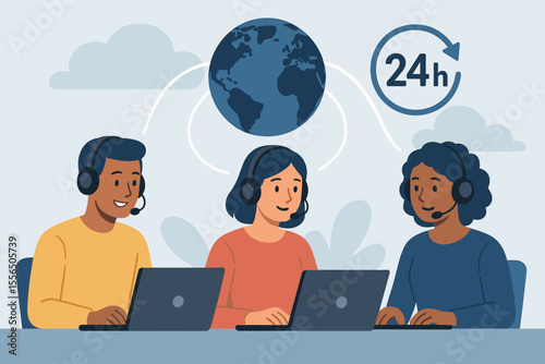 24h Global Customer Service Support Team, Call Center Hotline Operators with Headsets, Online Technical Assistance, Remote Consulting, Multicultural Business Communication, Flat Vector Illustration