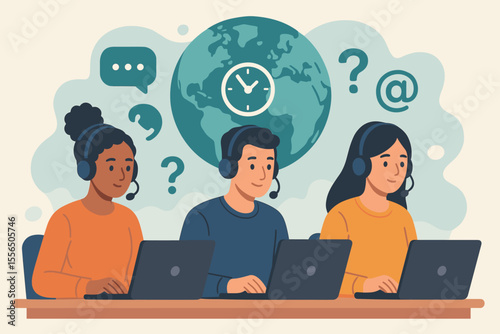 Global customer service support team working 24/7 in call center, hotline operators with headsets at laptops, online technical assistance, communication, consulting, international help desk concept