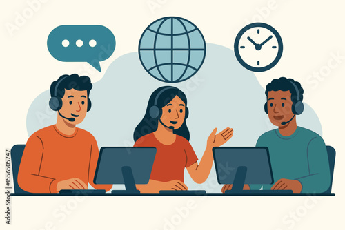 Call center team consulting customers with headsets at computers, 24/7 global online technical support, customer service hotline, communication, teamwork, flat vector illustration