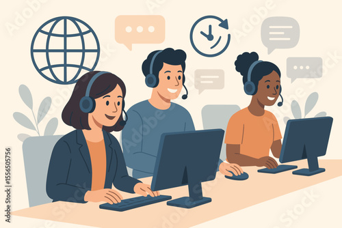 24 7 Customer Service Hotline Operators Consulting Clients with Headsets at Computers, Global Online Technical Support, Call Center Team, Call Processing System, Modern Flat Vector Illustration