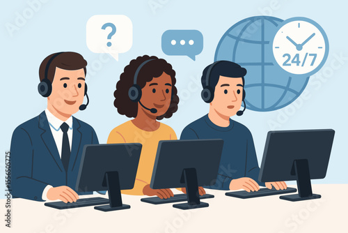 24 7 Customer Service Hotline Operators Consulting Clients with Headsets at Computers, Global Online Technical Support, Call Center Teamwork, Call Processing System, Modern Communication Concept