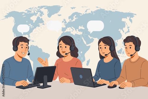 Global customer service team, call center hotline operators with headsets, providing 24/7 online technical support, consulting clients, remote help desk, modern communication technology concept