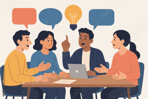 Diverse team discussion and brainstorming session at round table, group meeting with speech bubbles, collaborative work, sharing ideas, teamwork, communication, business office concept illustration