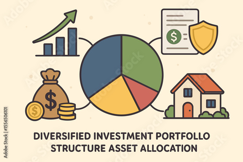 Diversified investment portfolio structure asset allocation strategy. Vector illustration. Pie chart, stocks, real estate, insurance, money bag, coins. Financial planning, wealth management concept