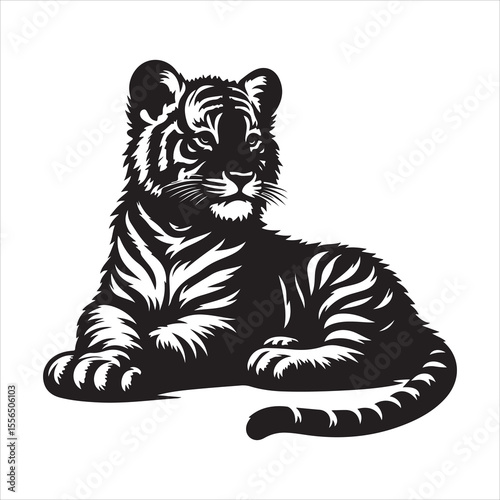 siting  cute tiger Silhouette Vector Art, and Graphic, vector black color silhouette , solated white background 