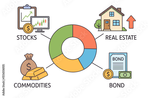 Diversified investment portfolio allocation infographic. Stocks, bonds, real estate, commodities. Financial planning, wealth management, asset diversification strategy. Vector illustration