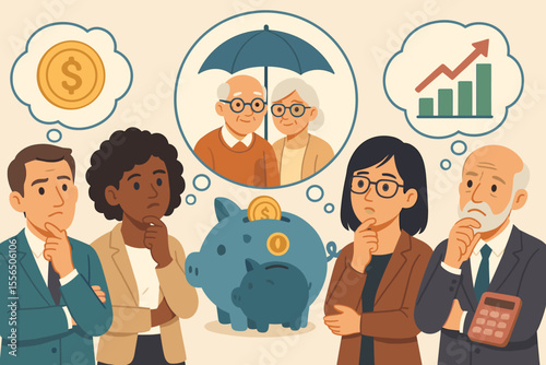 Diverse business professionals considering retirement planning, pension savings, investment growth, financial security, insurance, piggy bank, teamwork, wealth management, vector illustration
