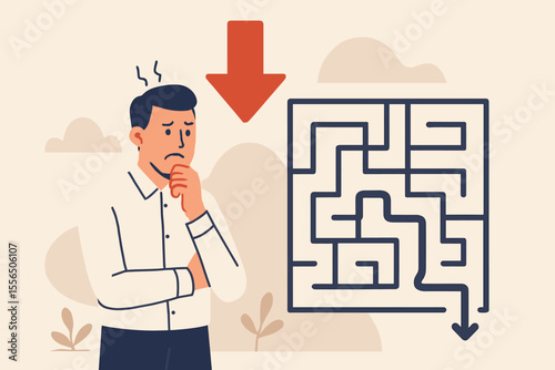 Businessman Facing Maze Challenge, Down Arrow Symbolizing Failure, Problem Solving, Decision Making, Finding Solution, Overcoming Obstacles, Modern Flat Vector Illustration, Stress Concept