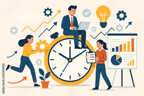 Business Teamwork and Time Management Concept. Productivity Improvement, Project Planning, Data Analysis, Workflow Optimization, Office Collaboration, Growth Strategy, Vector Illustration