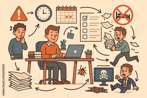 Office Workflow Organization and Productivity Pitfalls. Overworked Employees, Time Management, Missed Deadlines, Paperwork Overload, Stress, Risk, Task List, Computer Bug, Burnout Vector Illustration