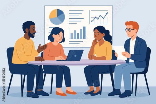 Diverse business team meeting, group brainstorming, teamwork discussion at conference table, data analysis, company strategy planning, office collaboration, analytics presentation, modern vector