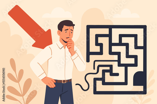 Businessman Facing Challenge, Large Red Arrow, Problem Solving, Decision Making, Maze Puzzle, Finding Solution, Overcoming Obstacles, Confusion, Modern Flat Vector Illustration, Critical Thinking