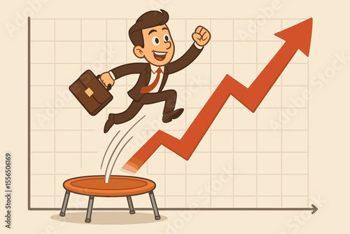 Ambitious businessman jumping on trampoline towards upward arrow graph. Success growth concept. Cartoon vector illustration. Career progress, financial achievement, business opportunity, motivation