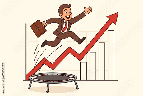 Businessman jumping on trampoline towards rising arrow graph. Success growth concept. Cartoon vector illustration. Career boost, financial progress, business achievement, upward trend, motivation