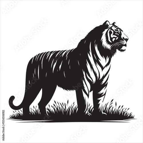 siting  cute tiger Silhouette Vector Art, and Graphic, vector black color silhouette , solated white background 