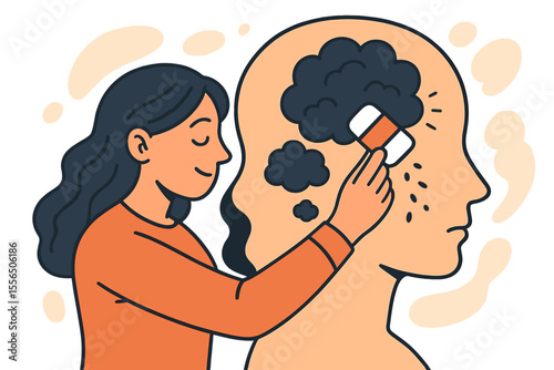 Mental Health Concept Vector Illustration Erasing Negative Thoughts. Woman Using Eraser to Remove Dark Clouds from Mind. Therapy, Healing, Positive Thinking, Emotional Wellbeing, Psychological Support