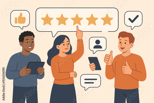 Five Star Customer Feedback and Rating Concept. Diverse People Give Positive Reviews, Leave Comments, Vote, Score Best Performance, Approve Quality Service. Modern Flat Vector Illustration
