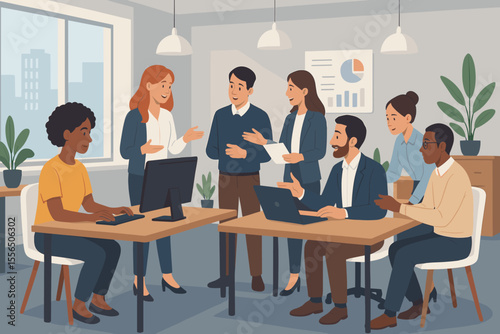 Diverse business team collaborating in modern office workspace. Coworkers discussing project, analyzing data, working with computers and laptops, teamwork communication, professional meeting concept
