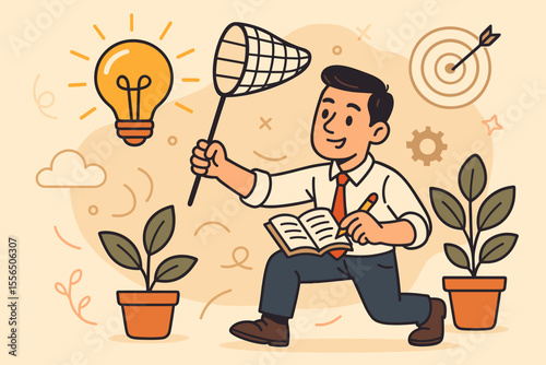 Businessman Capturing Creative Ideas with Net, Innovation and Goal Achievement Concept, Cartoon Vector Illustration of Brainstorming, Inspiration, Growth, Planning, Success, Productivity, Solution