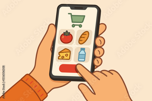 Hand holding smartphone with grocery shopping app, online food purchase, digital cart, tomato, bread, cheese, water bottle icons, mobile commerce, contactless order, vector illustration