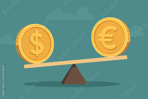 Dollar vs Euro Exchange Rate Balance Concept. Gold Coins on Seesaw. Currency Comparison, Financial Market Fluctuation, Forex Trading, Economic Stability, Investment Risk Vector Illustration