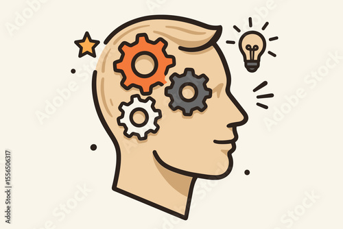 Human Head with Gears Inside Concept, Productivity and Knowledge Development Illustration, Creative Thinking, Innovation, Brainstorming, Mental Process, Idea Generation Vector