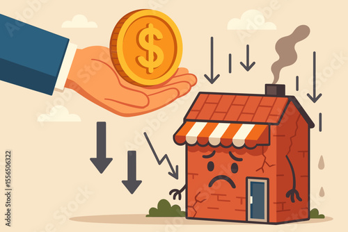 Financial Support for Small Business Crisis. Cartoon Hand Offering Money to Struggling Store. Economic Downturn, Recession, Bankruptcy, Aid, Rescue, Decline, Investment, Sad Shop Vector Illustration