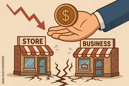 Economic Crisis Support for Small Business and Store. Financial Aid, Rescue Funding, Downturn Recovery. Helping Hand with Dollar Coin, Decline Arrow, Cartoon Vector Illustration, Bankruptcy Concept
