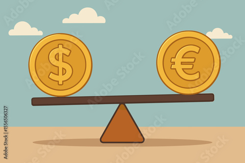Dollar vs Euro Exchange Rate Balance Concept. Gold Coins on Seesaw. Currency Comparison. Financial Market Equilibrium. Forex Trading. Economic Stability. Vector Cartoon Illustration
