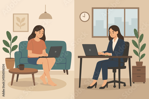 Hybrid Work Concept Woman Employee Working Remotely From Home and In Office, Flexible Dress Code, Telecommuting vs Traditional Workplace, Choosing Remote or Onsite Employment After Covid-19 Pandemic