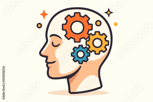 Human head silhouette with colorful gears inside, symbolizing productivity, knowledge development, creative thinking, innovation, mental process, cognitive skills, intelligence, brainstorming concept