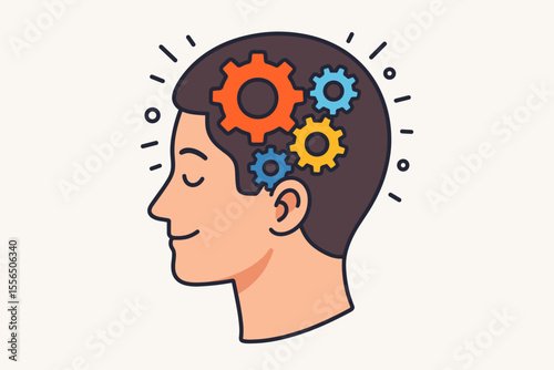 Human head silhouette with colorful gears inside brain. Concept of productivity, knowledge development, creative thinking, innovation, intelligence, mental process. Vector illustration.