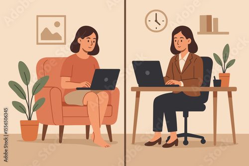 Hybrid Work Concept Woman Working from Home and Office, Remote and Onsite Employee Choice, Business Attire Versus Casual Clothing, Flexible Workplace, Post Pandemic Work Environment Illustration