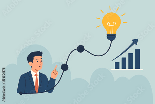 Businessman on the path from idea to success. Concept of business strategy, innovation, and growth. Process of inventing and developing a new project leading to profit and success.