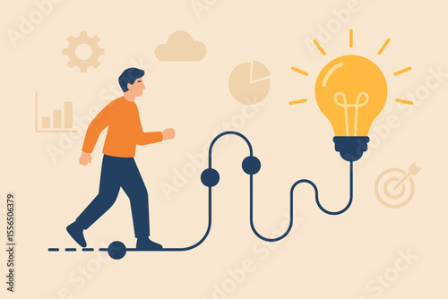 Businessman Journey to Innovation. Creative Process, Problem Solving, Path to Bright Idea, Light Bulb Inspiration, Business Strategy, Success Planning, Goal Achievement, Innovation Concept