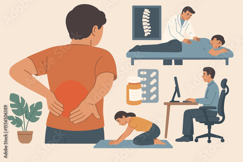 Lower back pain relief and prevention concept. Spine health care. Physical therapy, chiropractic treatment, ergonomic posture, medication, exercise, rehabilitation. Vector cartoon illustration