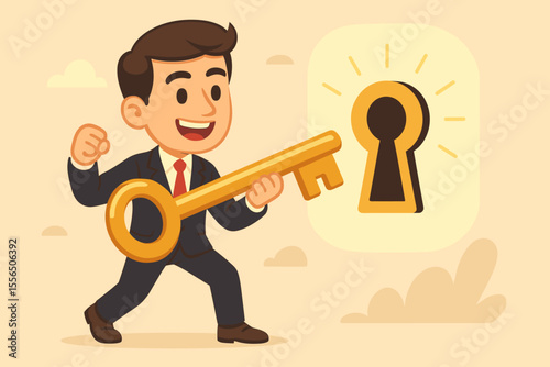 Businessman Holding Golden Key Unlocking Opportunity Keyhole. Career Success, Achievement, Motivation, Leadership, Solution, Ambition, Personal Growth, Vector Cartoon Illustration, No Text