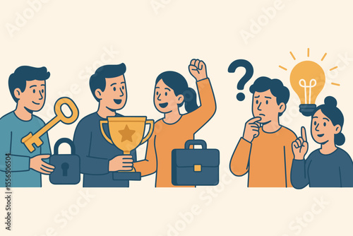 Problem Solving and Success Concept Illustration. Teamwork Characters Holding Key, Lock, Trophy, Briefcase, Question Mark, Light Bulb Idea. Business Growth, Innovation, Achievement, Solution Process