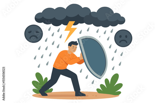 Resilience Against Depression and Anxiety. Man Shielding from Emotional Storm. Mental Health Protection, Coping with Stress, Overcoming Sadness, Support, Psychological Defense, Vector Illustration
